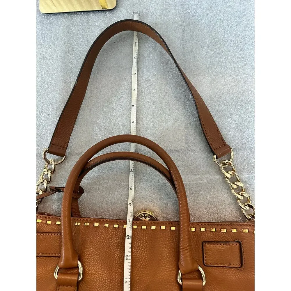EUC Michael Kors Hamilton Large Studded Leather Tote Brown Gold Lock & Key Chain